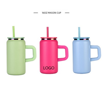 16OZ Handle Stainless Steel Straw Insulated Cup