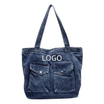 Vintage Wash Denim Zippered Tote with Front Pocket