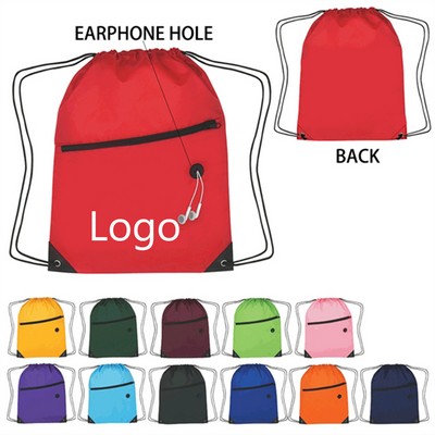 Zipper Pocket Drawstring Backpack with headphone jack