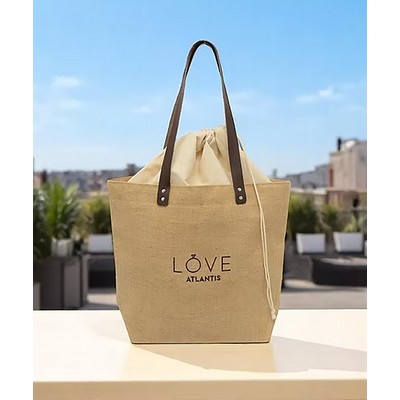 Embroidered Burlap Tote with Leather Handles
