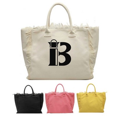 Boho Tassel Tote - Oversized Solid Canvas Shoulder Bag