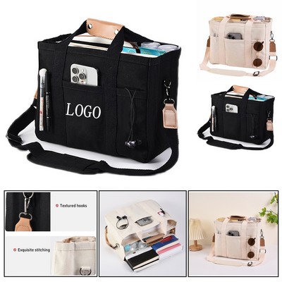 Multi-Pocket Canvas Tote Bag w/ Shoulder Strap
