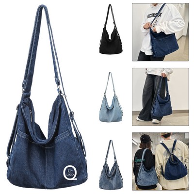 17.7 X 11.8" Denim Spacious Shoulder Bag W/ Wide Strap