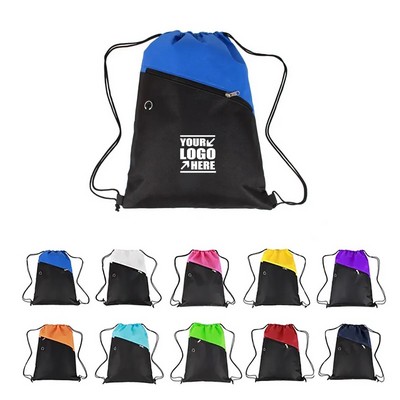 Two-Tone Non-Woven Drawstring Backpack With Front Zipper
