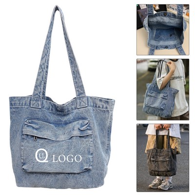 16.5 X 12.6" Denim Large Capacity Magnetic Snap Tote Bag