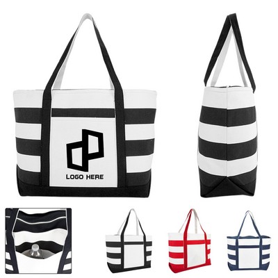 Cotton Canvas Striped Zippered Tote Bag W/ Front Pocket
