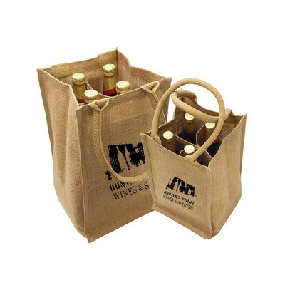 Reusable Wine Tote Jute Burlap 4-Bottle Wine Bag with Cotton Handles