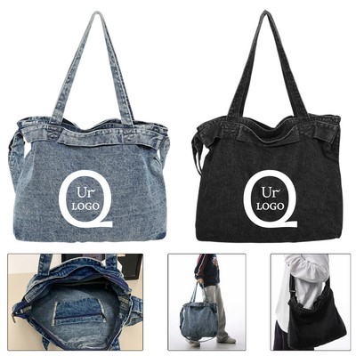 15.7 X 14.2" Denim Zippered Tote Bag W/ Shoulder Strap