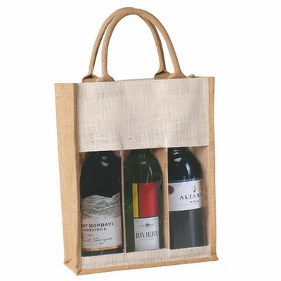 Reusable Three-Bottle Jute Burlap Wine Bag with Clear Plastic Window & Cotton Handles